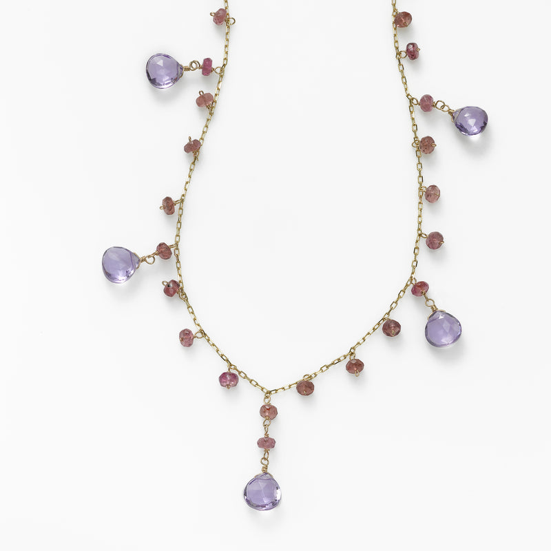 Amethyst and Tourmaline Drop Necklace, 14K Yellow Gold, 18 Inches