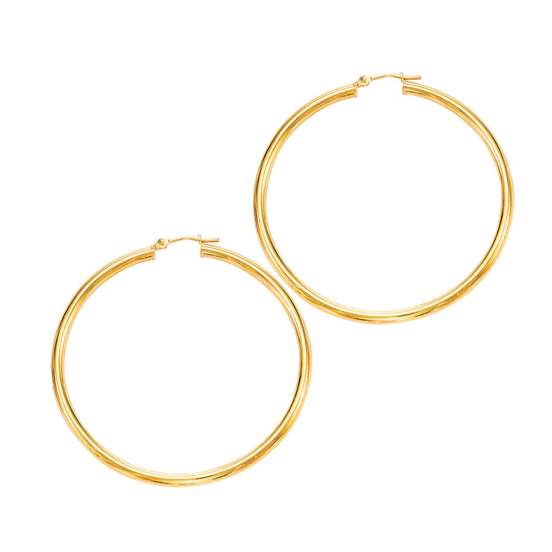 Large Shiny Tube Hoop Earrings, 2 Inches, 14K Yellow Gold