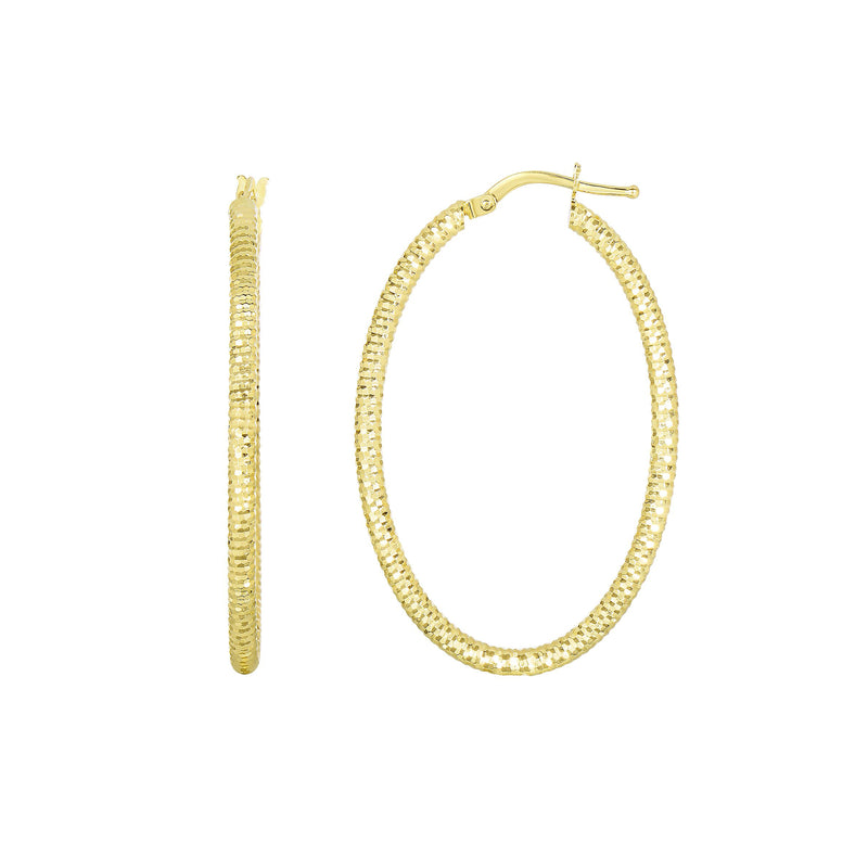 Diamond Cut Oval Hoop Earrings, 14K Yellow Gold