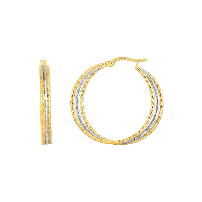 Two Tone Textured Hoop Earrings, 1 Inch, 14 Karat Gold