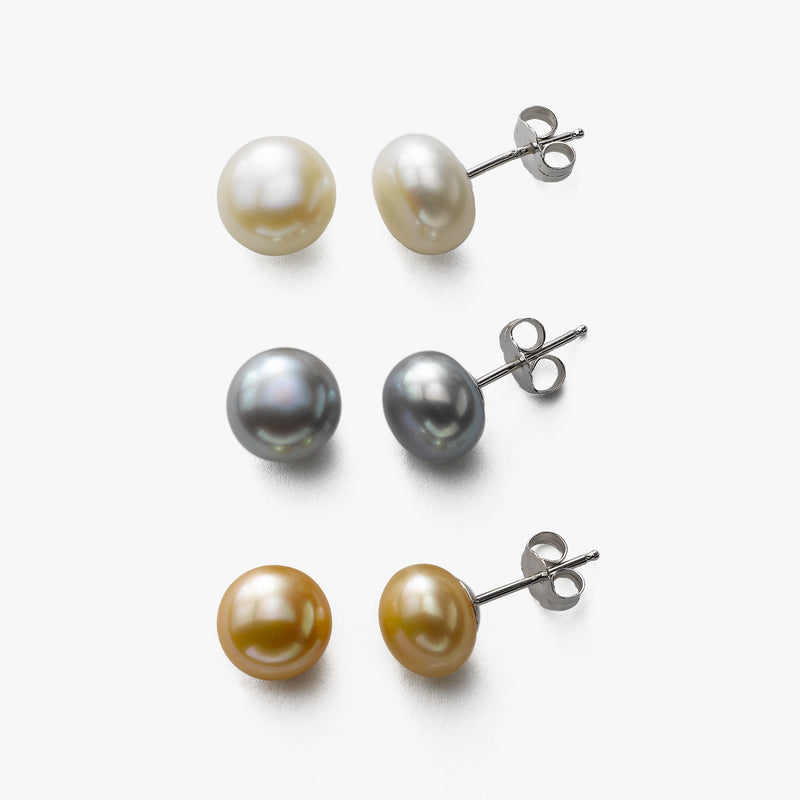 Set of Three Pairs Freshwater Pearl Stud Earrings, Sterling Silver