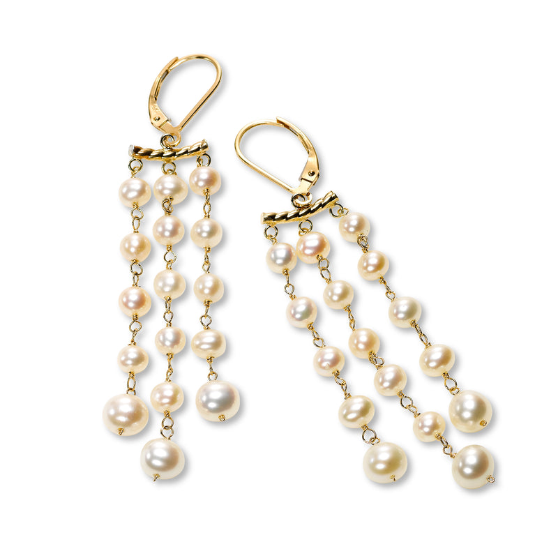 Cultured Pearl Triple Strand Dangle Earrings, 14K Yellow Gold