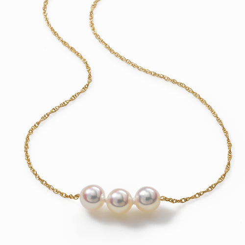 Pearl Starter Necklace, 3 Akoya 6MM Pearls, 16 Inches, 14K Yellow Gold