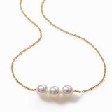 Pearl Starter Necklace, 3 Akoya 6MM Pearls, 15 Inches, 14K Yellow Gold