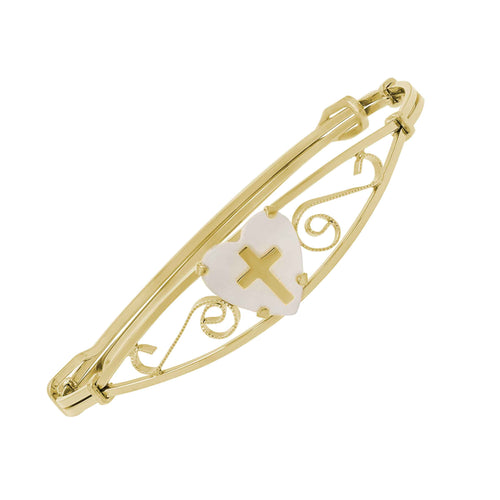 Open Design Heart and Cross Bangle, Adjustable, 14K Yellow Gold Filled