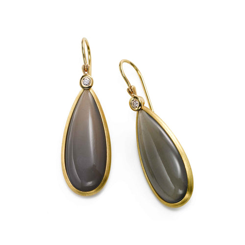 Grey Moonstone and Diamond Dangle Earrings, 14K Yellow Gold