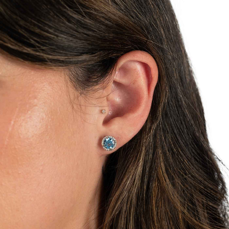 Blue Zircon and Diamond Halo Earrings, 14K White Gold