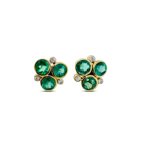 Emerald and Diamond Cluster Earrings, 18K Yellow Gold