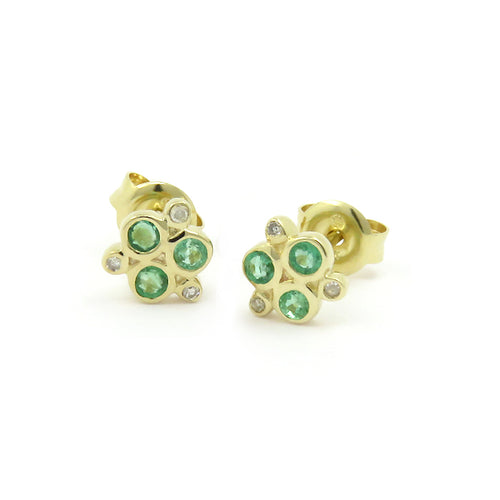 Petite Emerald and Diamond Cluster Earrings, 14K Yellow Gold