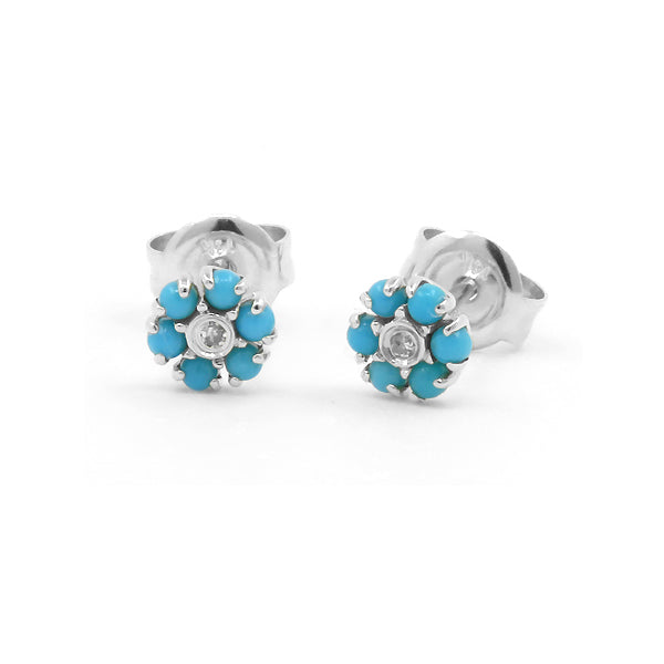 Petite Turquoise and Diamond Flower Earrings, 14K White Gold