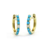 Turquoise and Diamond Hoop Earrings, 14K Yellow Gold