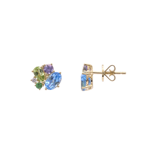 Multicolor Gemstone Cluster Earrings, 14K Yellow Gold