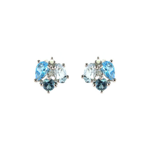 Multitone Blue Topaz Cluster Earrings, 14K White Gold