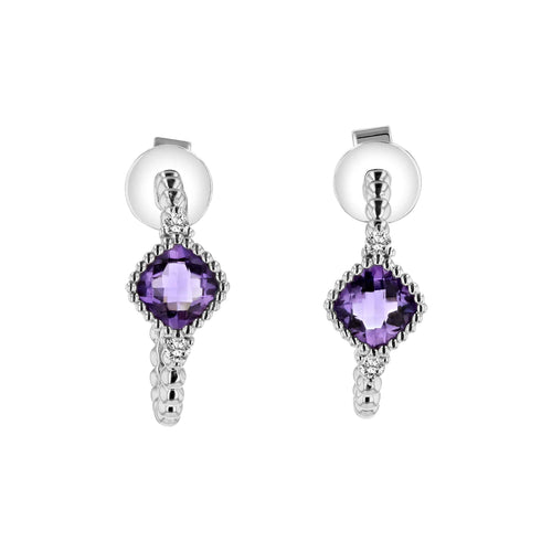 Petite Earrings with Amethyst and Diamonds, 14K White Gold