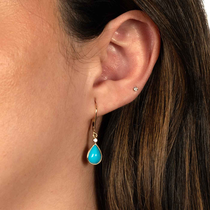 Fine Quality Turquoise Dangle Earrings, 14K Yellow Gold