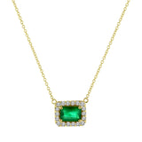 Emerald and Diamond Halo Necklace, 14K Yellow Gold