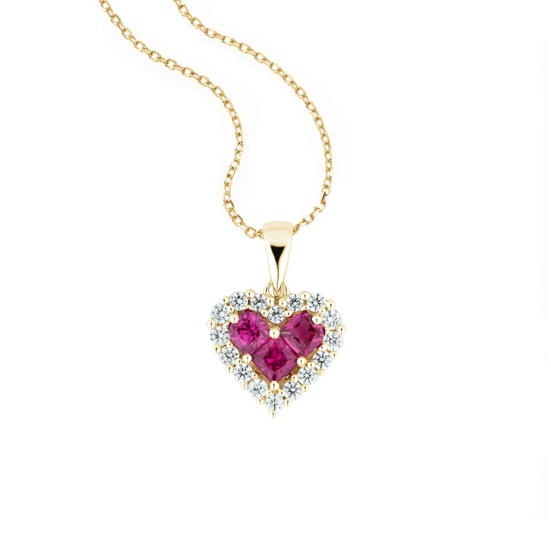 Ruby and Diamond Halo Heart Pendant, 14K Yellow Gold