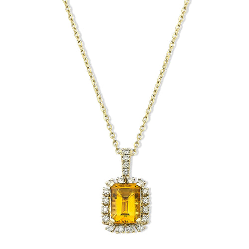 Citrine and Diamond Halo Pendant, 14K Yellow Gold