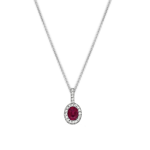 Oval Ruby and Diamond Halo Pendant, 14K White Gold