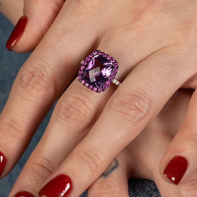 Large Amethyst, Diamond and Pink Sapphire Ring, 14K White Gold