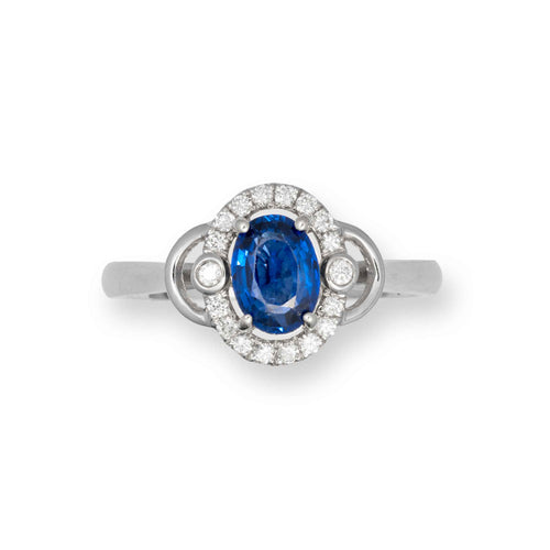 Oval Blue Sapphire and Diamond Halo Ring, 14K White Gold