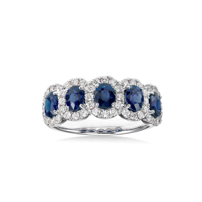 Five Stone Sapphire and Diamond Halo Ring, 18K White Gold