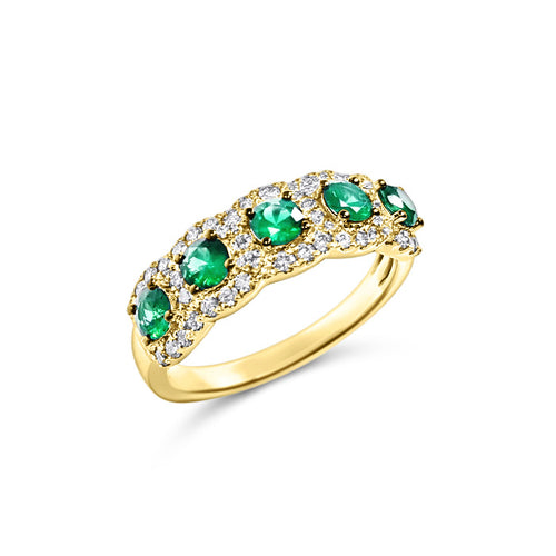 Five Stone Emerald and Diamond Ring, 14K Yellow Gold