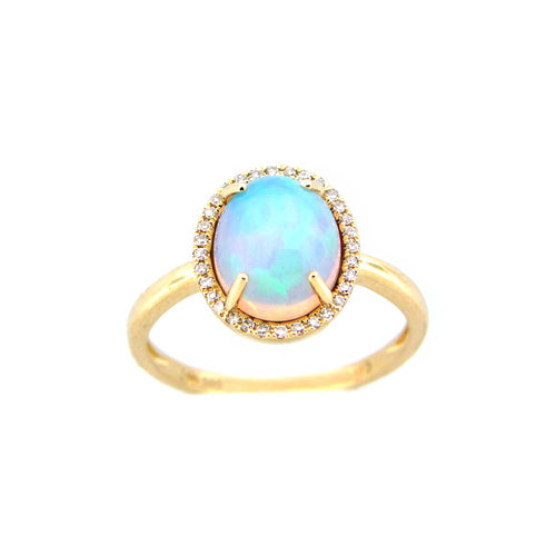 Cabochon Opal and Diamond Halo Oval Ring, 14K Yellow Gold