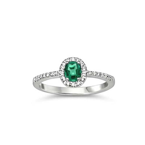 Oval Emerald and Diamond Halo Ring, 14K White Gold