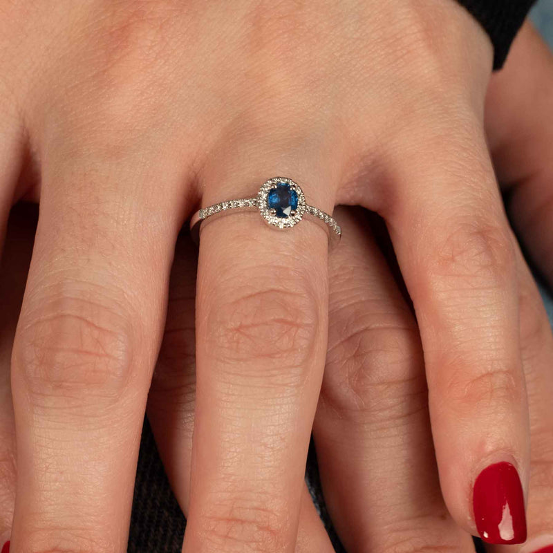 Oval Sapphire and Diamond Halo Ring, 14K White Gold