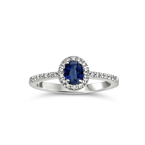 Oval Sapphire and Diamond Halo Ring, 14K White Gold