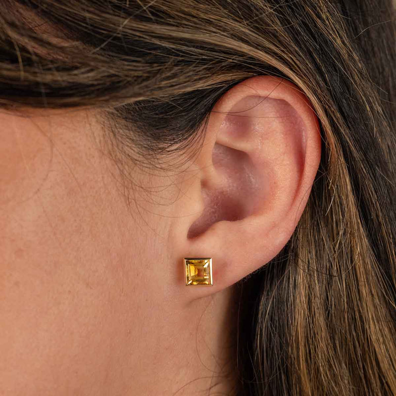 Citrine Square Cut Stud Earrings, 14K Yellow Gold