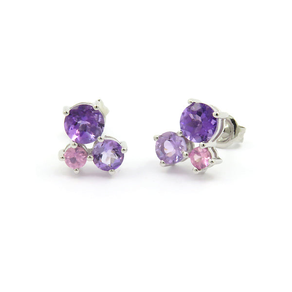 Amethyst and Pink Sapphire Cluster Earrings, 14K White Gold