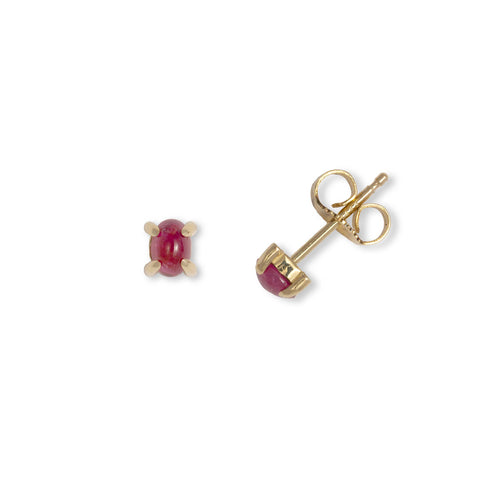 Oval Cabochon Ruby Stud Earrings, 14K Yellow Gold