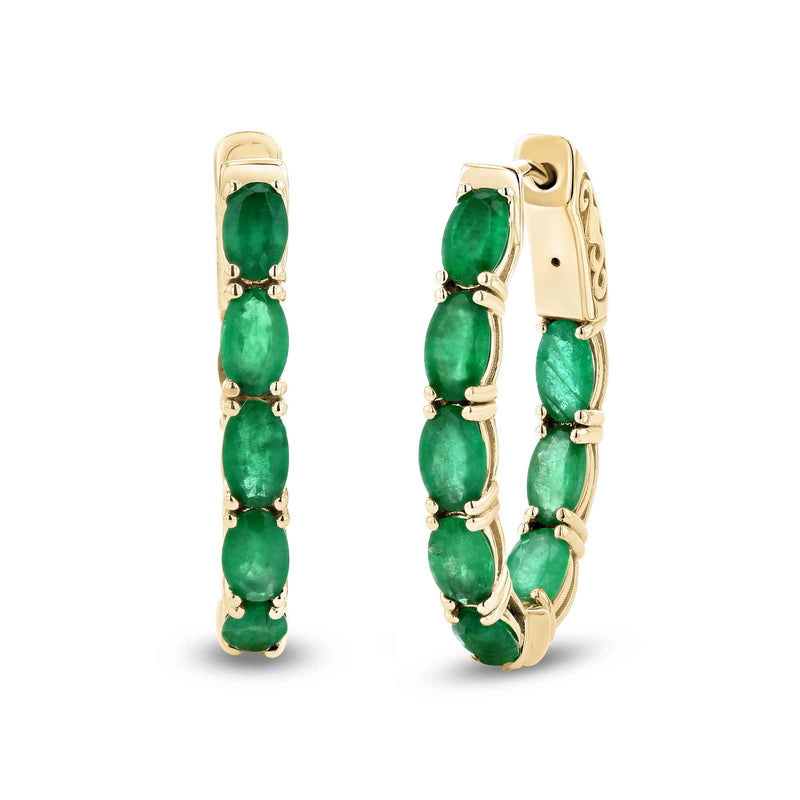 Oval Emerald Inside Out Hoop Earrings, 14K Yellow Gold