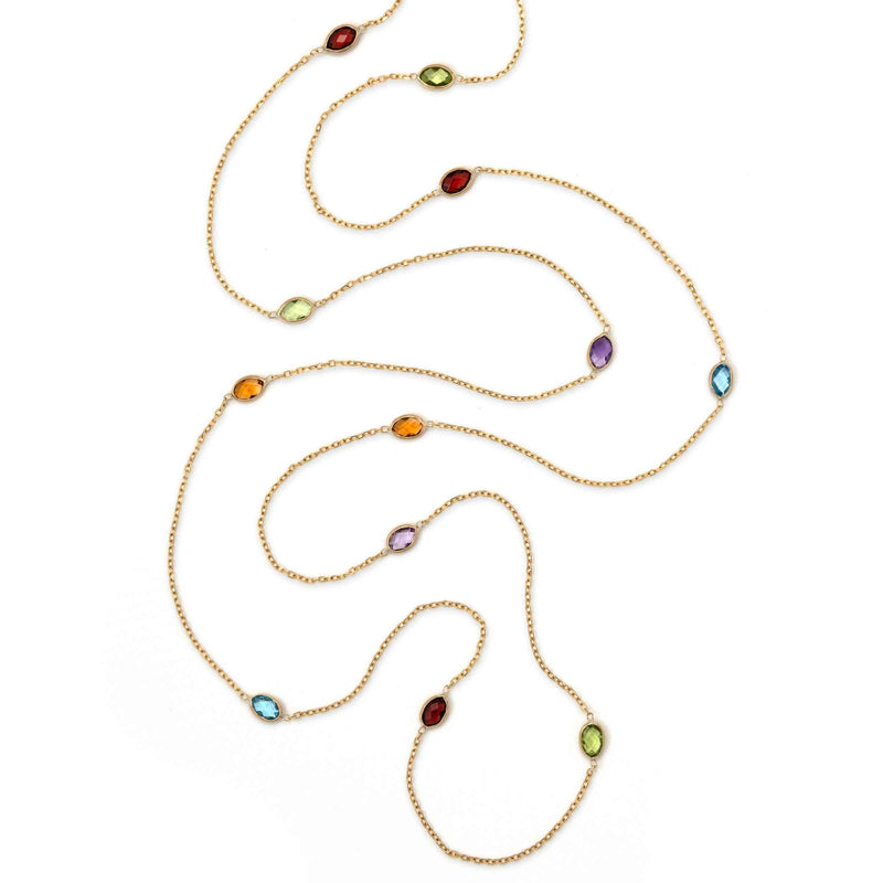 Multi Stone Station Necklace, 35 Inches, 14K Yellow Gold