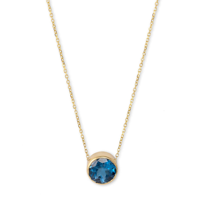 Round London Blue Topaz Necklace, 8 MM, 14K Yellow Gold