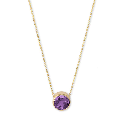 Round Amethyst Necklace, 8 MM, 14K Yellow Gold