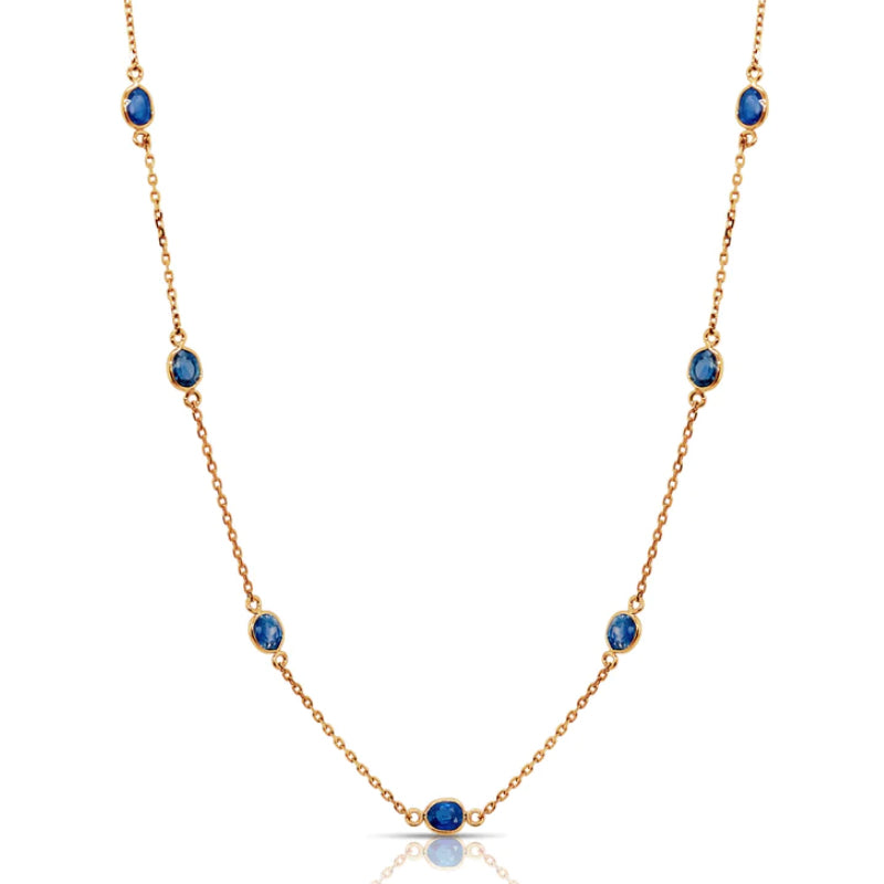 Sapphire Oval Station Necklace, 16 Inches, 18K Yellow Gold