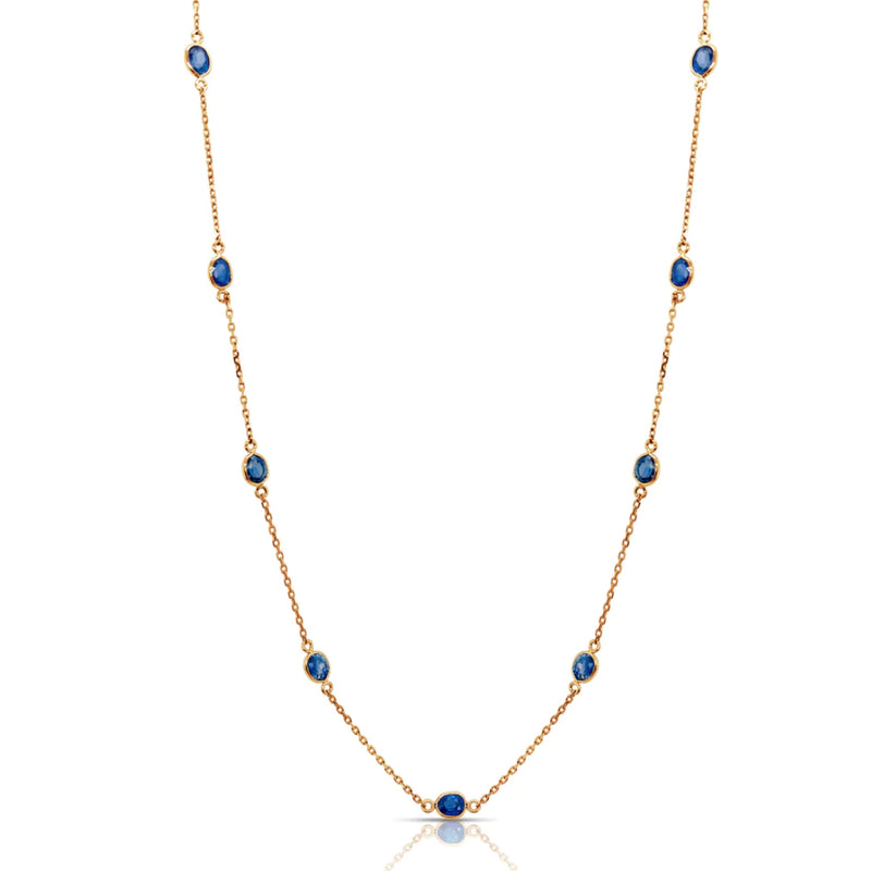 Sapphire Oval Station Necklace, 16 Inches, 18K Yellow Gold
