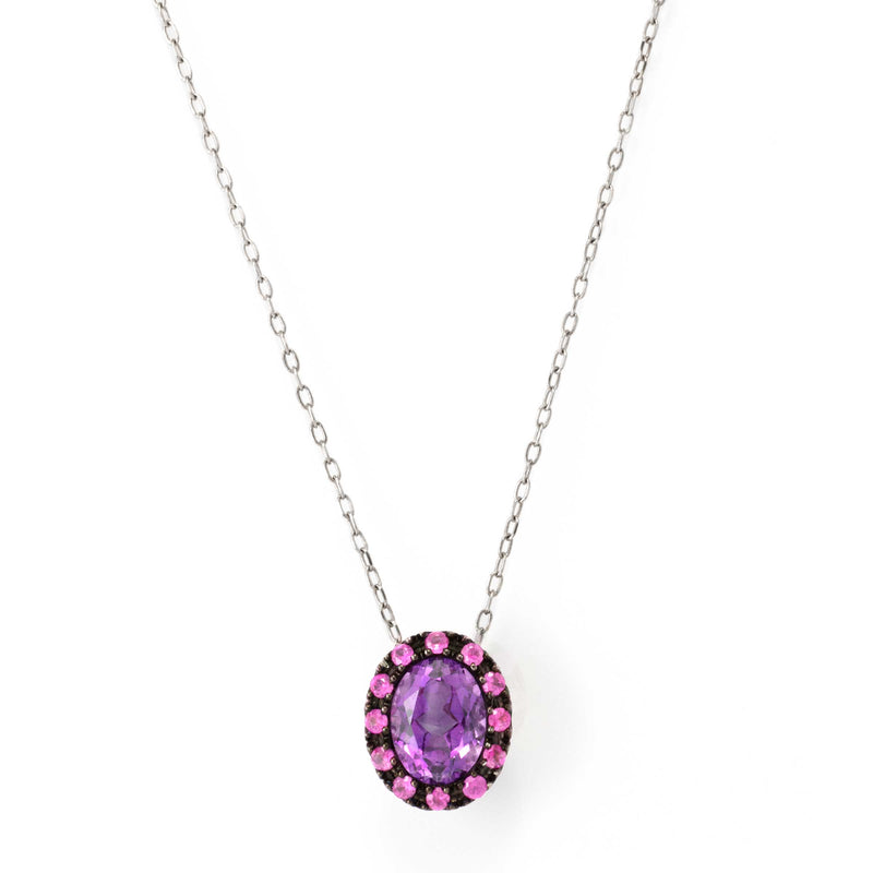 Oval Amethyst and Pink Sapphire Pendant, 14K White Gold