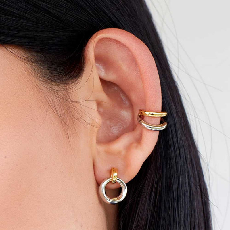 Two Tone Ear Cuff Single Earring, Sterling and 18K Yellow Gold Plating