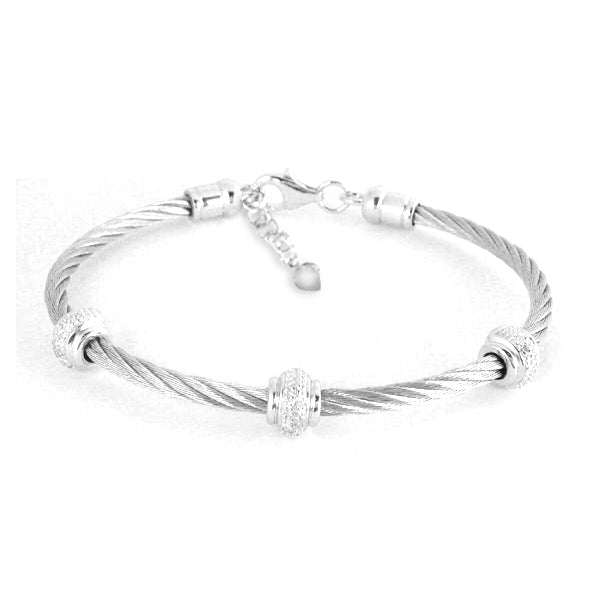 Diamond Cable Bracelet, Steel, Sterling Silver Stations