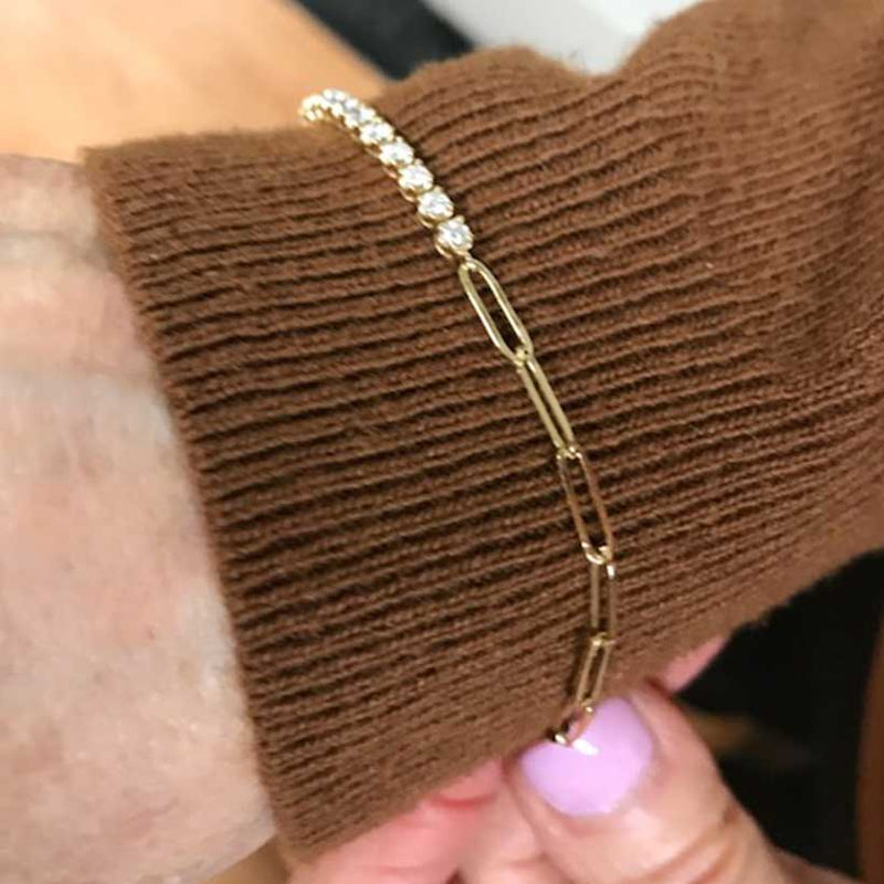 Diamond Bracelet with Paperclip Chain 14K Yellow Gold