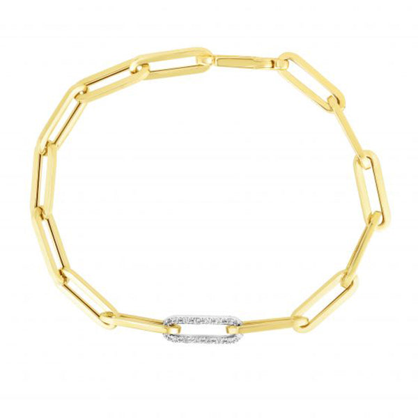 Paperclip Bracelet with Diamond Link, 14K Yellow Gold