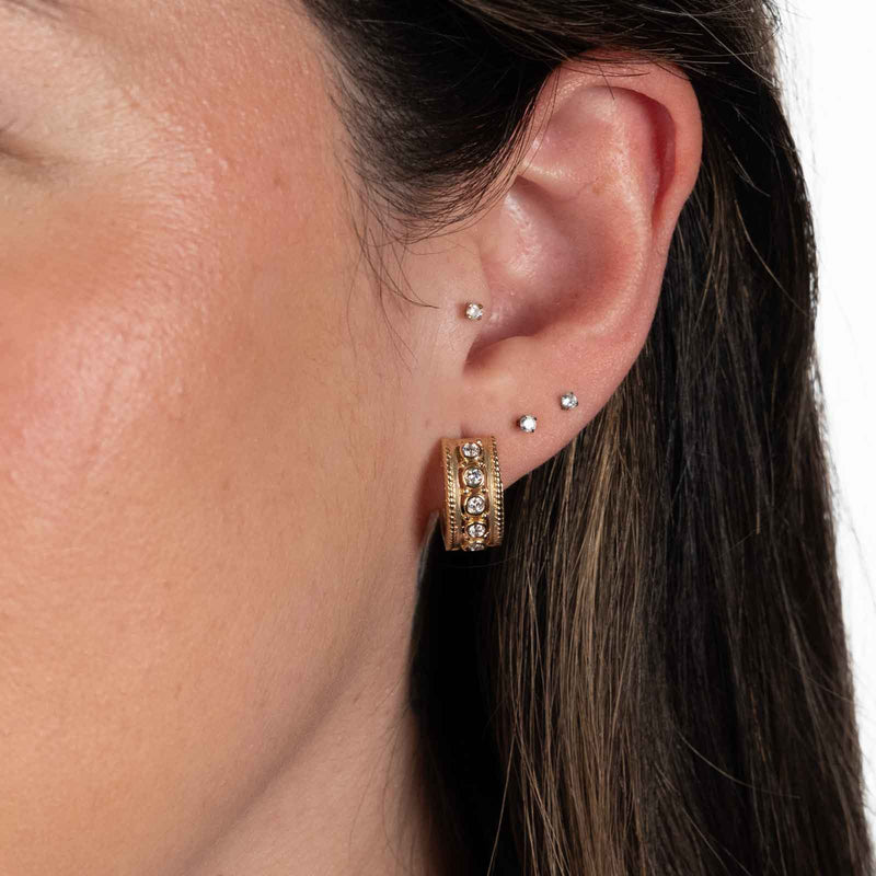 Bezel Set Diamond Huggie Hoop Earrings, 14K Yellow Gold
