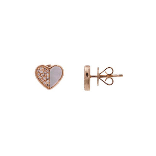 Kids Heart Earrings, Diamonds and Mother Of Pearl, 14K Rose Gold