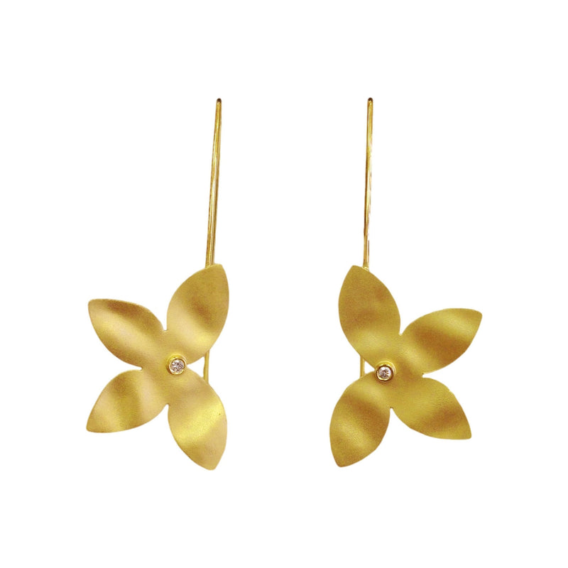 Diamond Flower Open Wire Earrings, 14K Yellow Gold