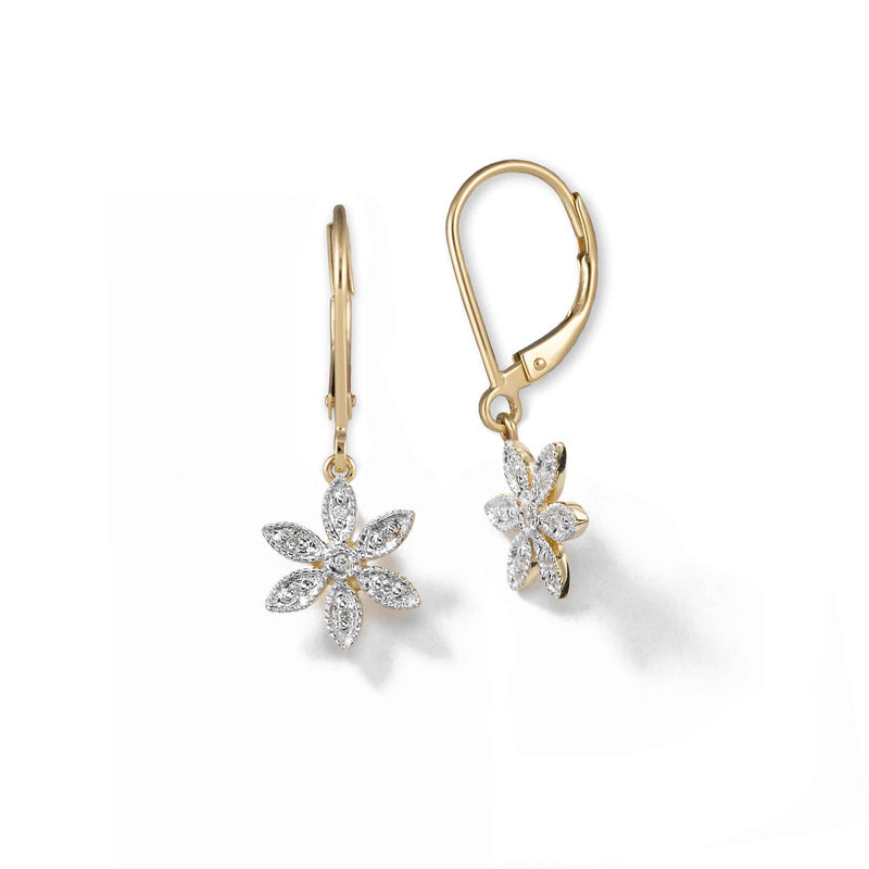 Small Diamond Flower Drop Earrings, 14K Yellow Gold