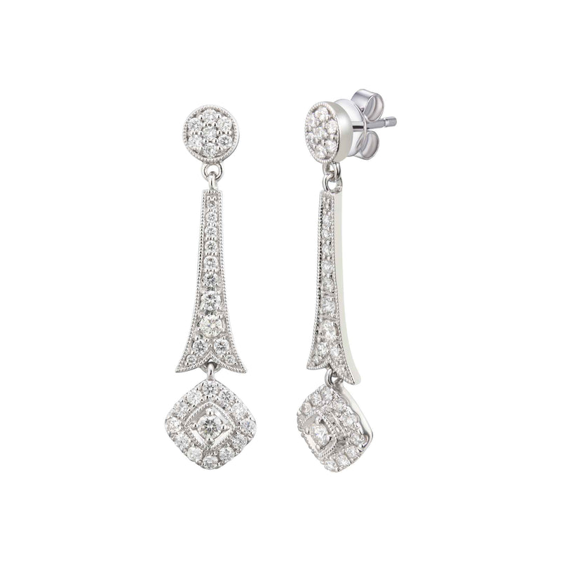 Pavé Diamond Deco Style Dangle Earrings, 14K White Gold